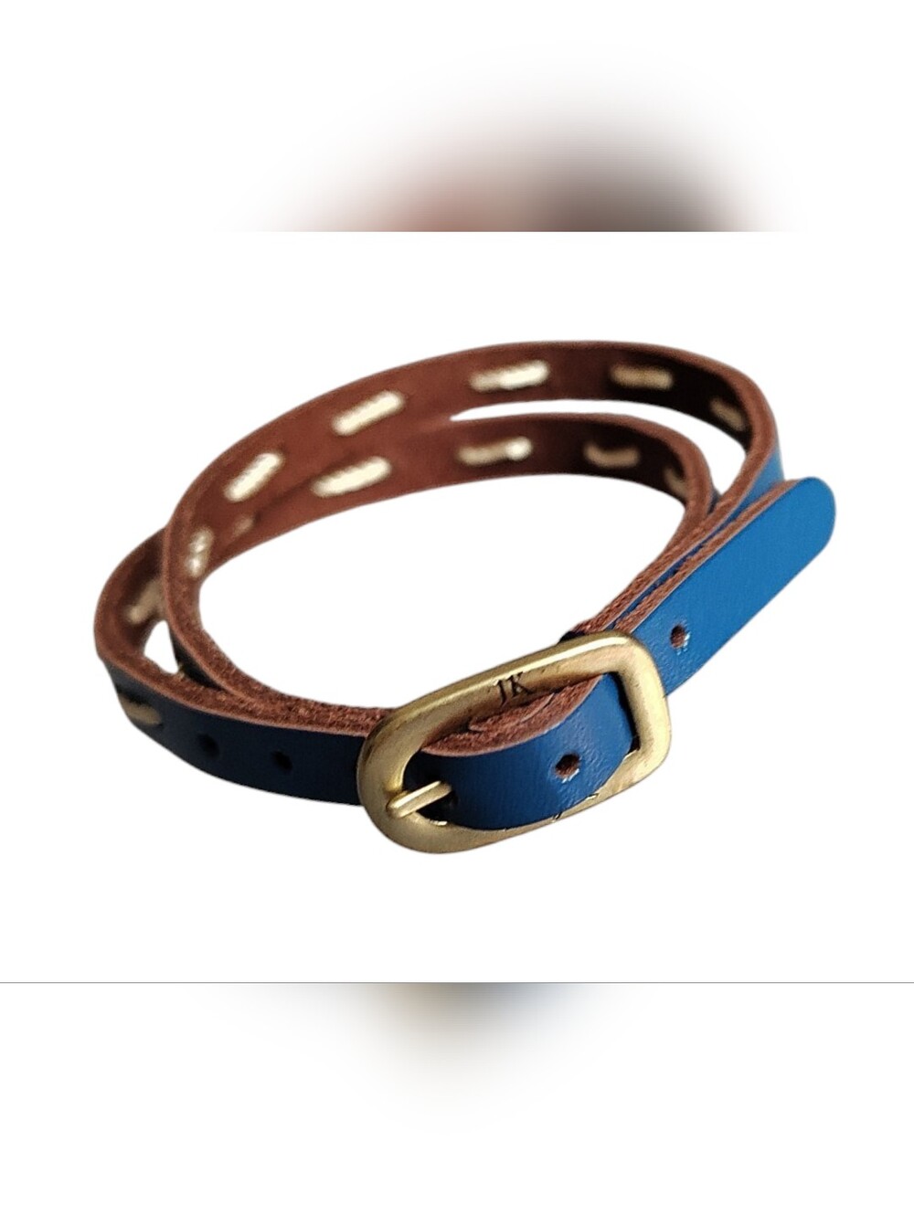 Thirty-One Leather Stitch Wrap Bracelet with Cobalt Blue Accent and Brass Buckle